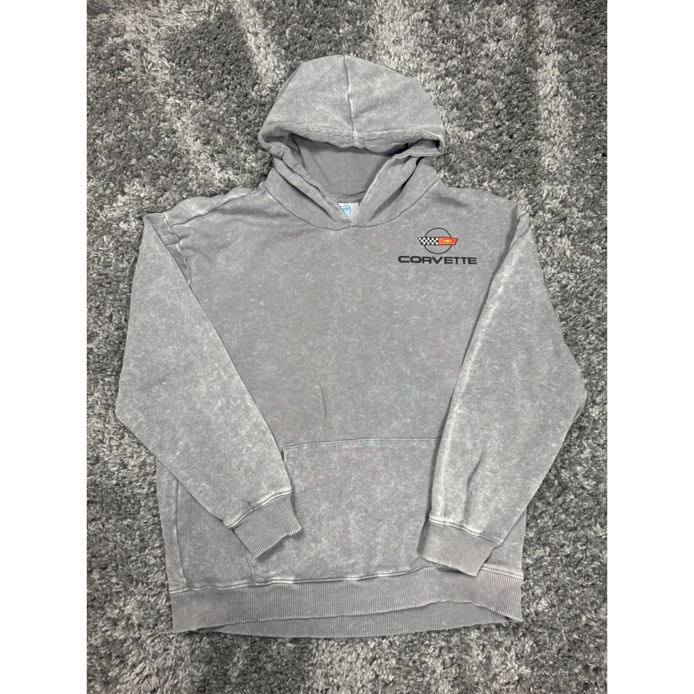 GM Corvette Hoodie Boys 14 Grey Excellent Heartbeat of America Acid Wash Graphic